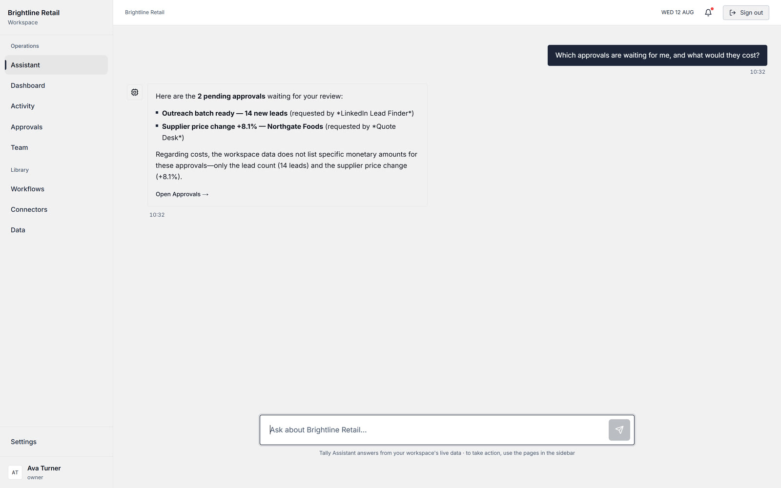 Tally assistant answering which approvals are waiting, listing the two pending approvals with a link to open them.